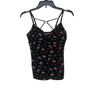 No Boundaries Black Red Floral Strappy Cami Tank Top with Lattice Back Detail